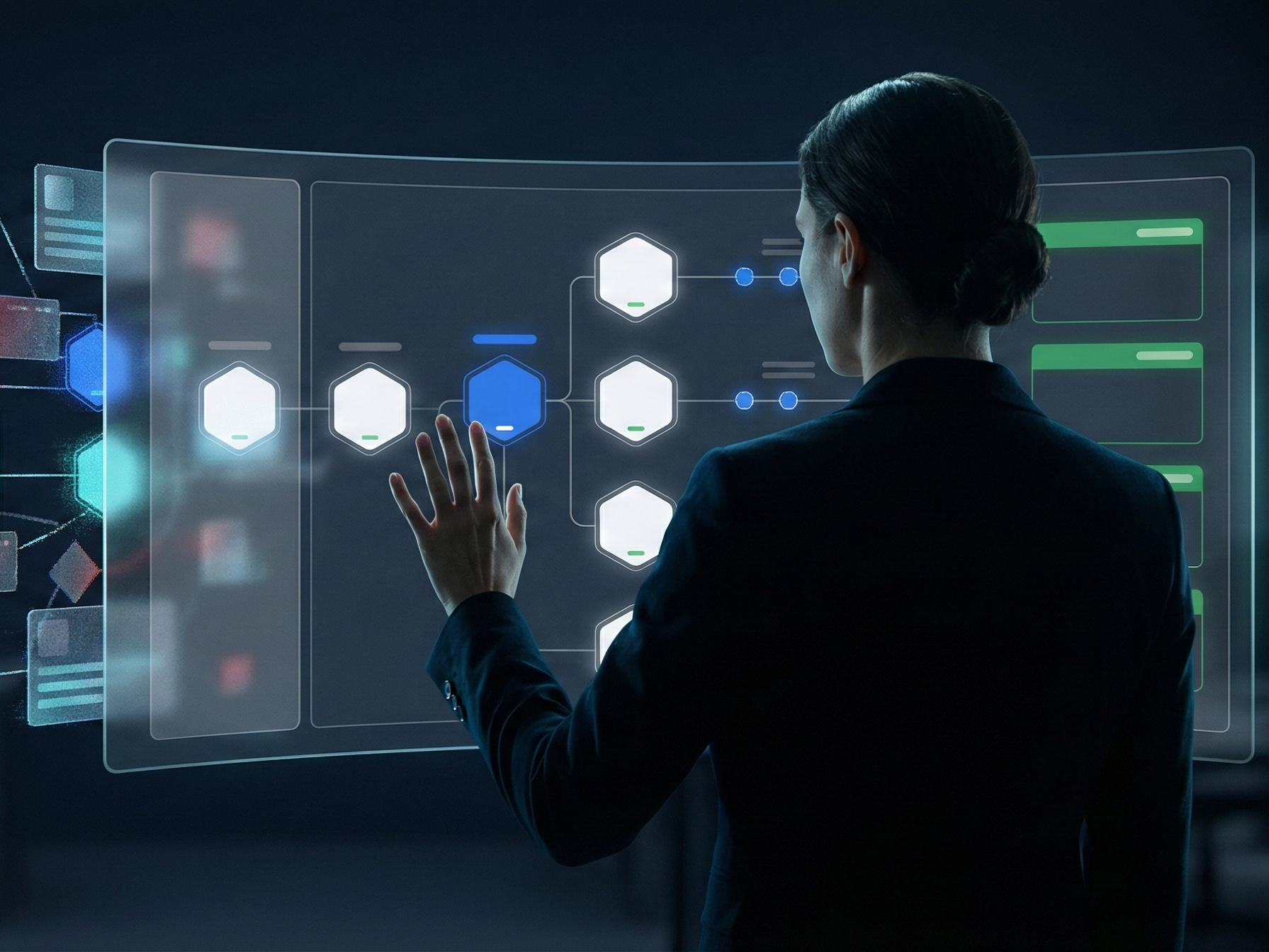A narrative designer confidently managing a structured workflow interface, representing controlled AI governance with clear approval paths