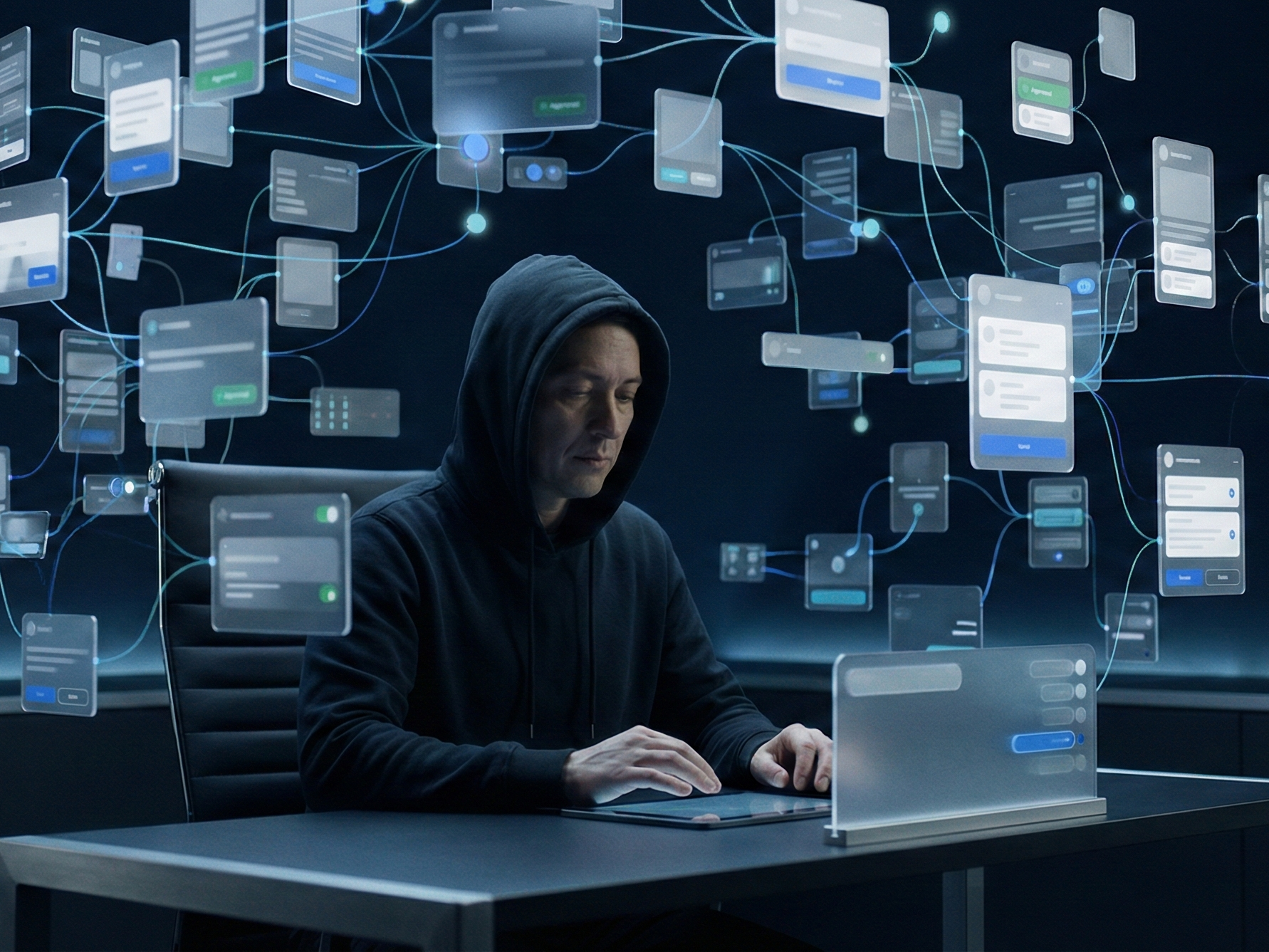 A narrative designer overwhelmed by floating documents and data, representing the chaos of managing hundreds of quests without proper systems